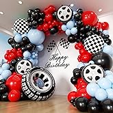 PTGOLUO Race Car Balloon Arch Garland Kit, 154pcs Different Size Tire Flags Checkered Black Red Blue Balloons Arch Kit for Racing Car Two Fast Theme Boy Birthday Anniversary Party Decorations