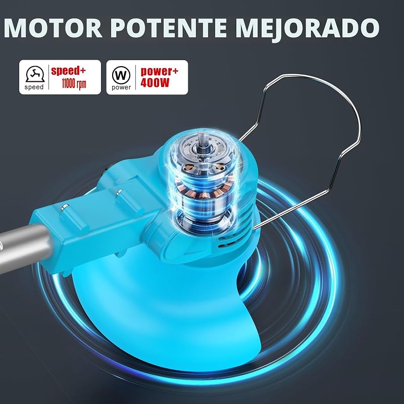 Desbrozadora Bateria 21V, Desbrozadora Electrica con 2 Baterías 2.0Ah, 2 Tipos de Metal Cuchillas Cortabordes Bateria, Tijeras de Podar, Desbrozadora Inalámbrica Cabeza Ajustable para Jardín (Azul)