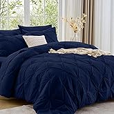 Sasttie Twin Comforter Set, 5-Piece Bed in a Bag, Pintuck Bedding Sets for All Season, Includes Comforter, Flat Sheet, Fitted Sheet, Pillowcase and Pillowsham, Navy