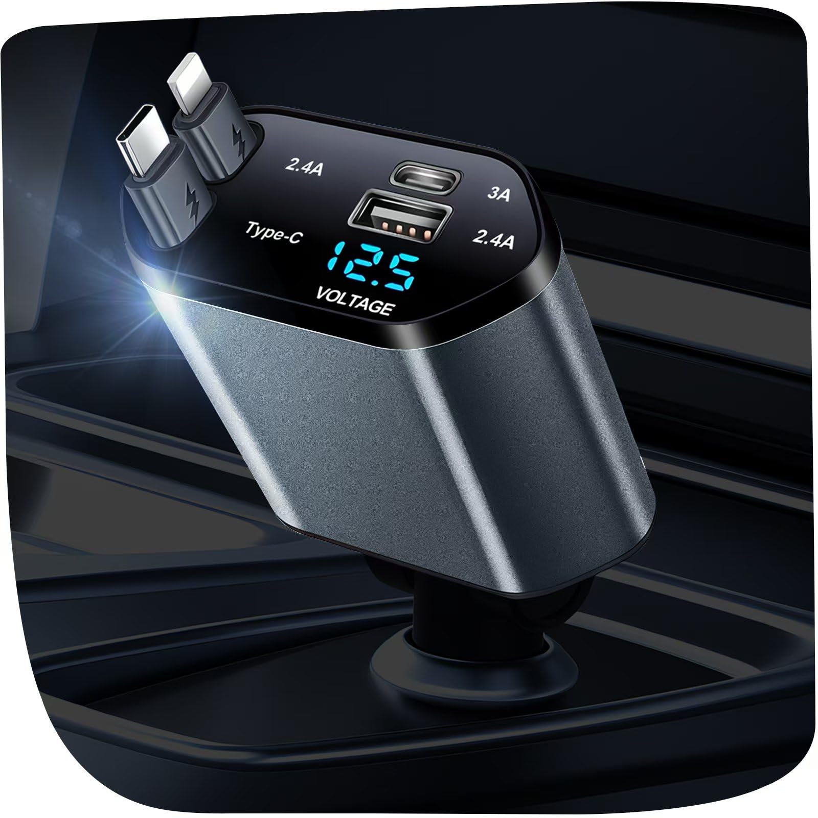 Photo 1 of YAOKEEP 120W Auto Retractable Car Charger?180°Rotation & 4 in 1 Fast Charging?Car Phone Charger with 31.5"Cables.USB C and Lightning.Car Charger Adapter for iPhone16/15/14 /13/12/11,Samsung,Pixel,iPad