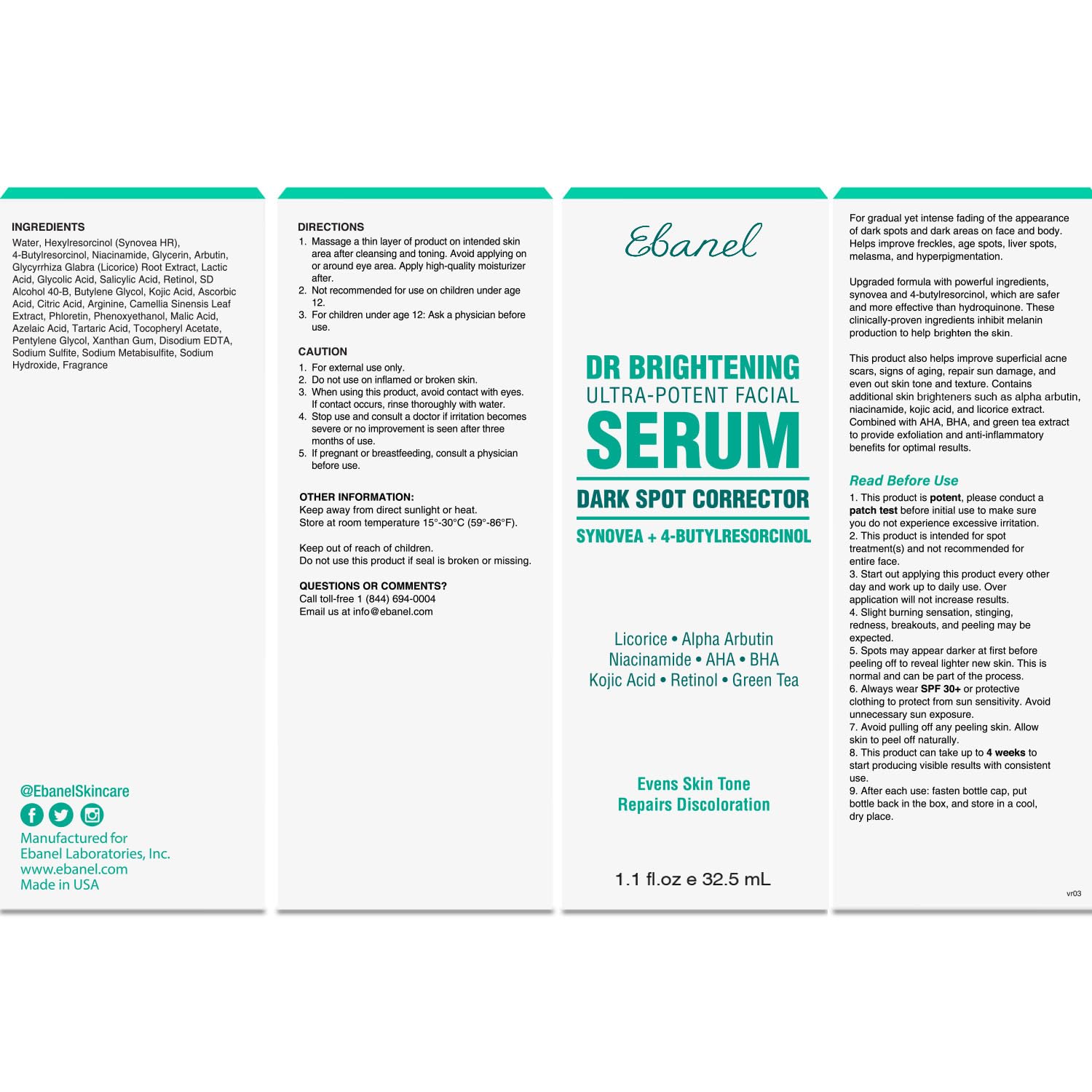 Ebanel Dark Spot Remover for Face & Body, Brightening Serum with Synovea HR, Alpha Arbutin, Niacinamide, Kojic Acid, Dark Spot Corrector for Hyperpigmentation, Discoloration, Melasma and Age Spots
