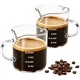 RUENVUE Espresso Cups Set of 2,4 OZ Double Spouts Cups, Shot Glasses, Measuring Cup with Scale Milk Cup with Handle, Clear Glass, Espresso Accessories for Machine