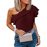 Farktop Womens One Shoulder Shirts Ruffle Sleeve Slim Fit Knitted Ribbed Summer Tops