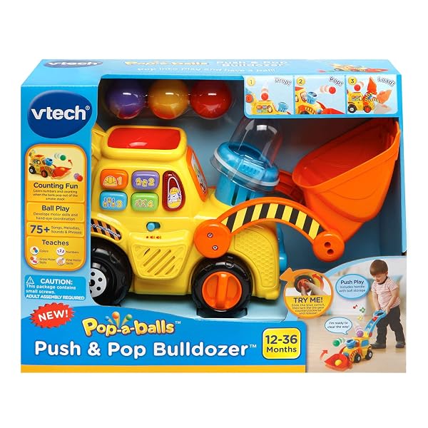 VTECH POP-A-BALLS PUSH AND POP BULLDOZER, YELLOW