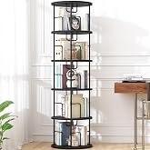 swlongbooks 5Tier Rotating Bookshelf, Spinning Bookshelf Tower,360 &deg; Display Space Saving Standing Round Swivel Bookcase Corner Storage Organizer for Bedroom Living Room Office，Black