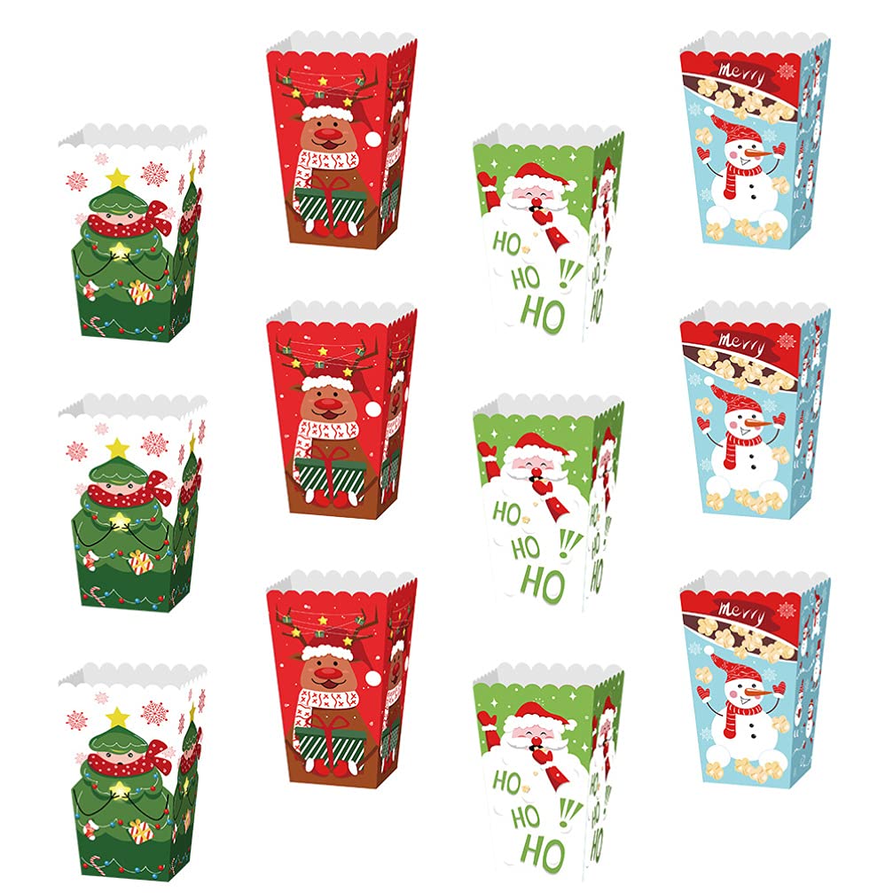 NUOBESTY 12pcs Adorable Gift Cases Christmas Pattern Packing Boxes Practical Candy Paper Popcorn Cookies Box Xmas Treat for Holiday Party Favor, Assorted Color