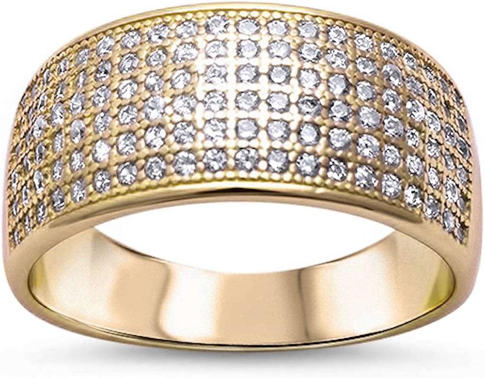 Cubic Zirconia Wide Band .925 Sterling Silver Ring Yellow Gold Plated