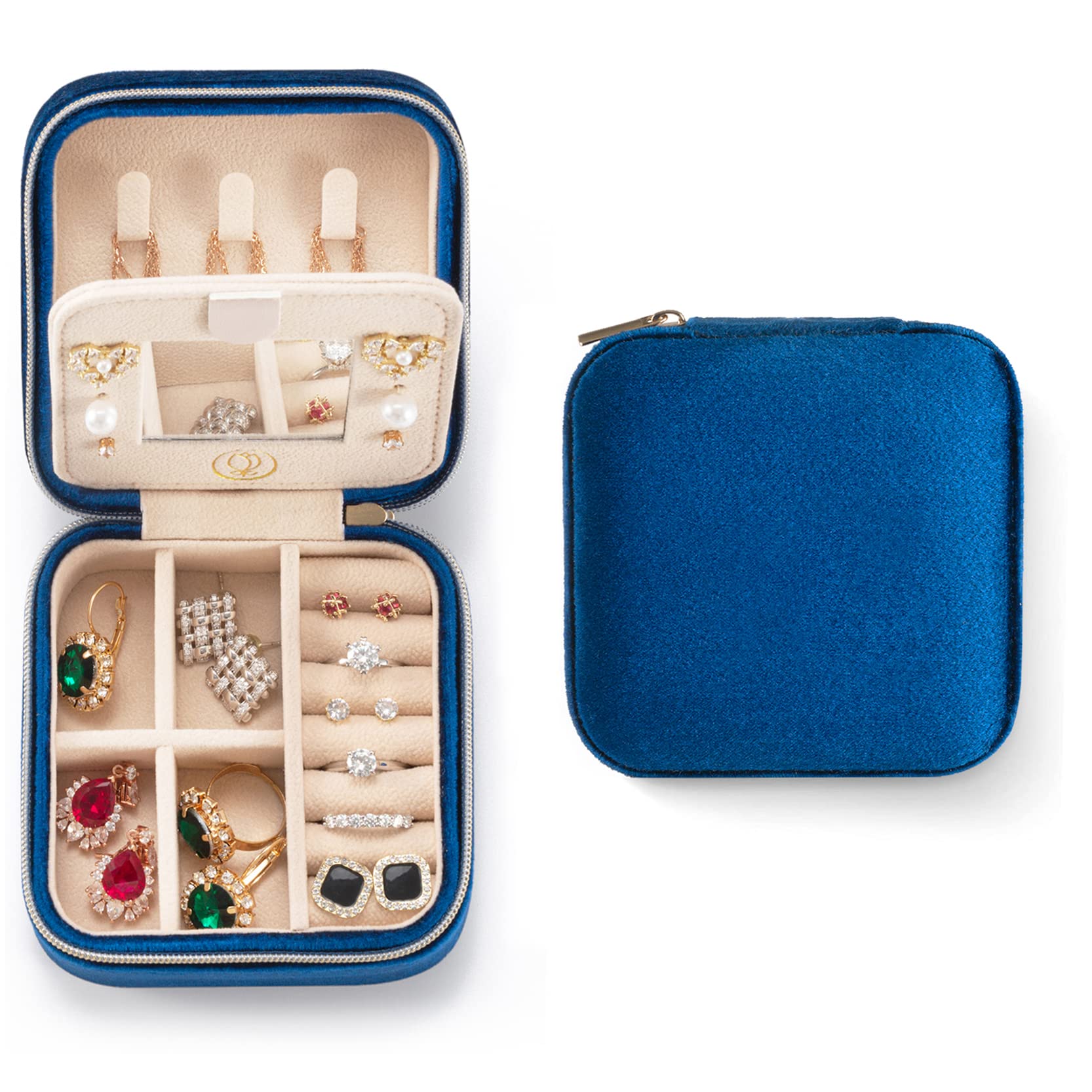 Plush Velvet Travel Jewelry Case, Travel Jewelry Organizer, Jewelry Travel Case, Travel Jewelry Box, Small Jewelry Case for Women, Jewelry Travel Box, Earring Organizer with Mirror - Navy Blue