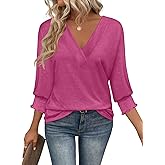 Women 3/4 Sleeve Tops V Neck Casual Trendy Dressy Shirt Fall Fashion 2025