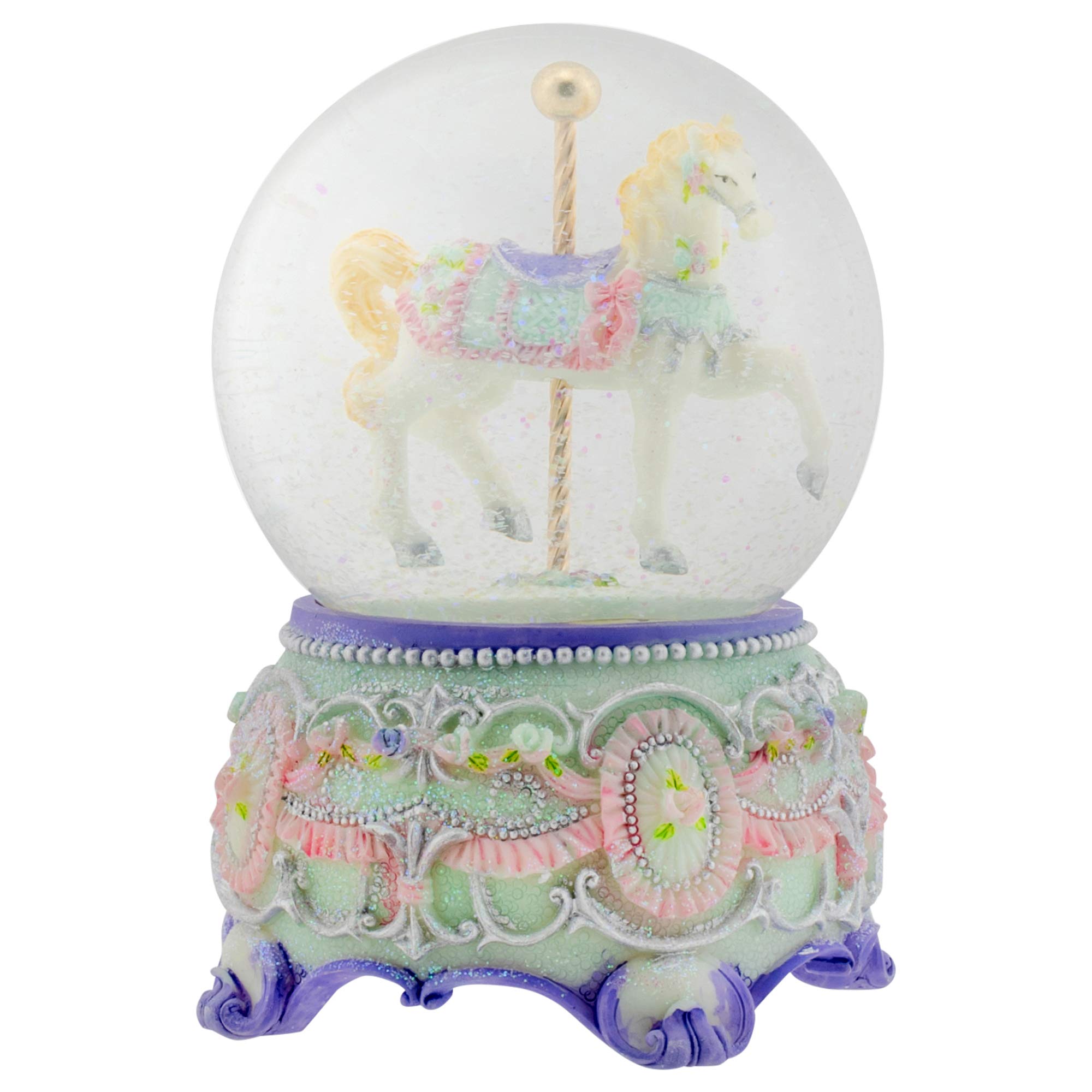 Elanze Designs Purple Floral Horse and Rotating Carousel 100MM Musical Water Globe Plays Tune Carousel Waltz