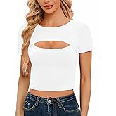CLOZOZ Cut Out Tops for Women Short Sleeve Crop Top Sexy Crewneck Tops Ribbed Fitted Shirts Going Out Tops Trendy