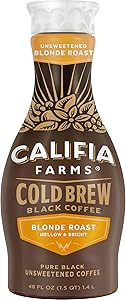 Califia Farms - Pure Black Blonde Roast Cold Brew Coffee, 48 Oz, 100% Arabica, Plant Based, Vegan, Gluten Free, Non GMO, Suga