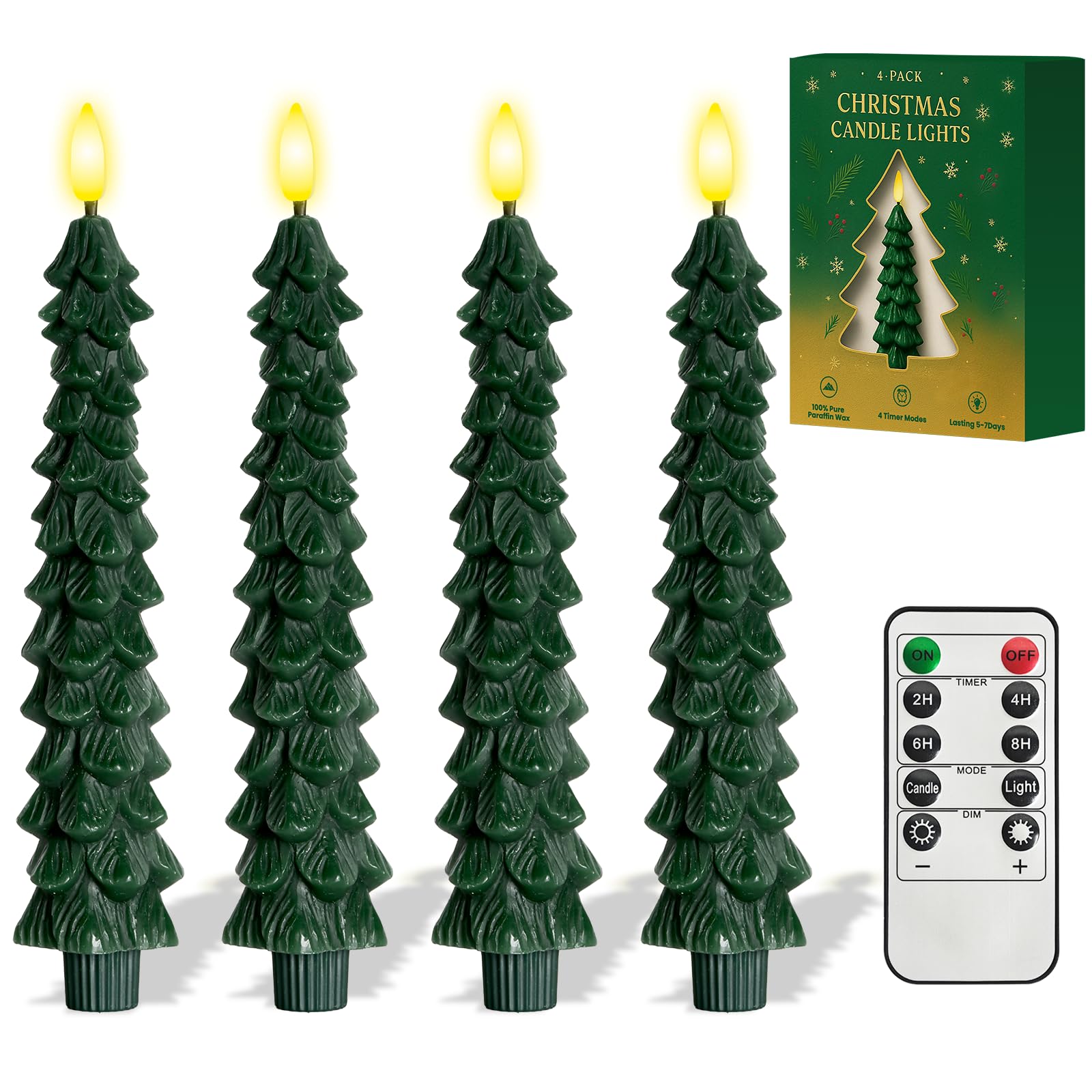 Photo 1 of 4 Pcs Christmas Tree-Shaped Flameless Taper Candles with Remote and Timer, 9.8'' Real Wax LED Window Candlesticks, 3D Flame Wick Battery Operated Christmas Tree Candles for Holiday Decoration (Green)