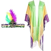 2 Pcs Mardi Gras Shawl Scarf, Poncho, Feather Headband Set - Gold, Green, Purple Cape Costume Accessories