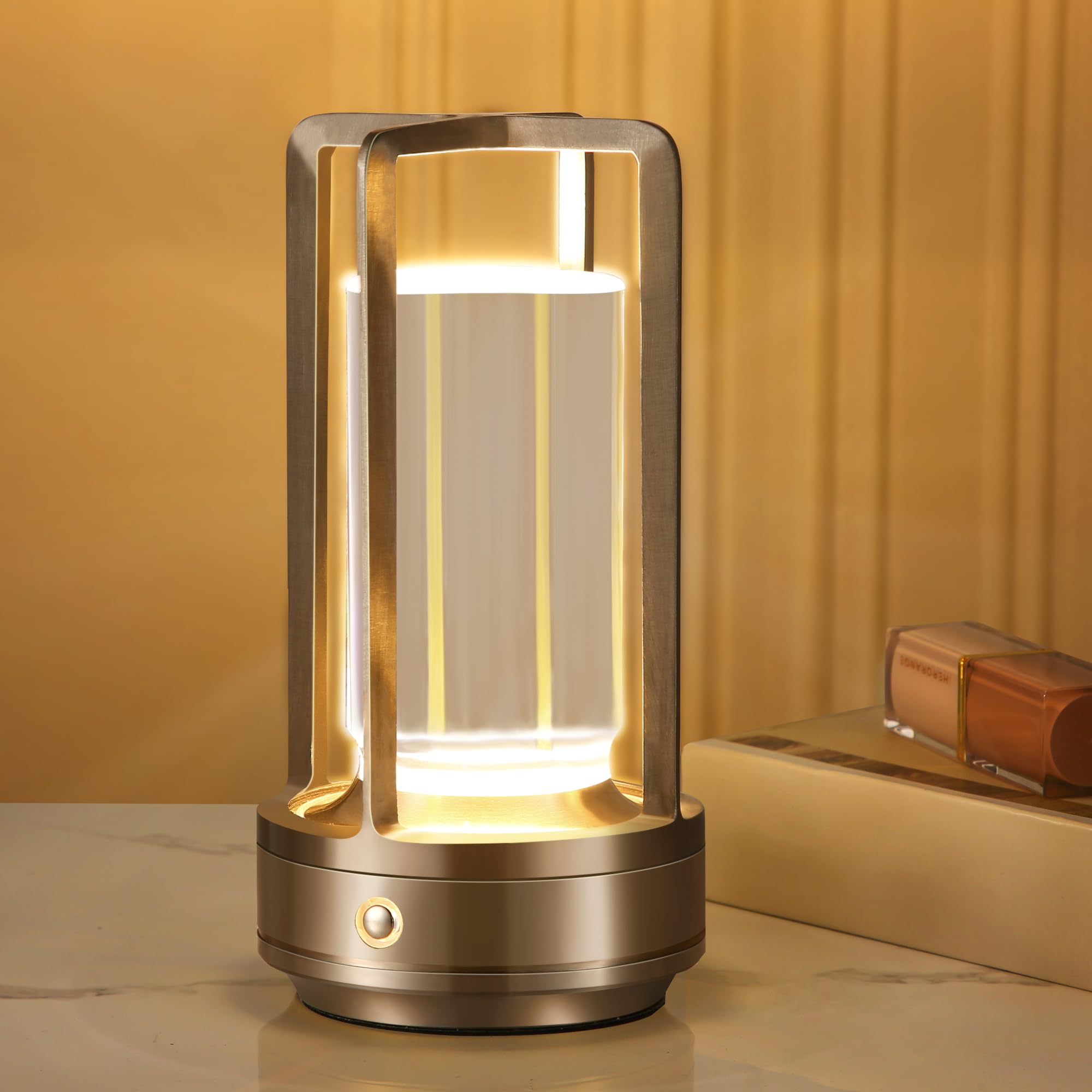 Photo 1 of Portable Metal Table Lamp,Cordless Table Lamp, Rechargeable Battery Powered Portable LED Desk Lamp, 3 Color Stepless Dimming Touch, for Bedroom Restaurant Home Outdoor (Silver)