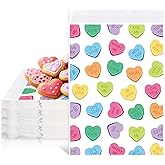 JarThenaAMCS 100Pcs Valentine's Day Treat Bags Self-Adhesive Conversation Heart Candy Buffet Bags Goodie Snack Bags For Wedding Anniversary Mother's Day