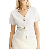 VATEAMI Cardigan Sweaters for Women V Neck Short Sleeve Gold Button Down Knitted Sweater Trendy Tops