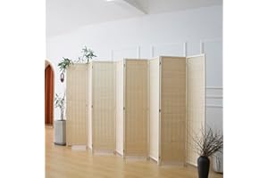 Furnnylane 8 Panel Room Divider and Folding Panel Screen,Bamboo Panel Divider Screen for Room Separation,Beige,67" H x 122.8"