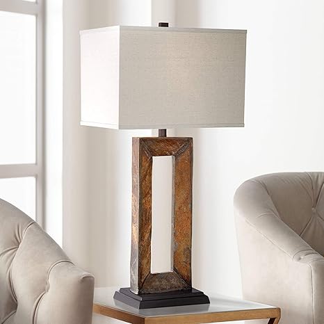 Tahoe Rustic Table Lamp Natural Slate Off White Rectangular Shade For Living Room Family Bedroom Bedside Nightstand Franklin Iron Works