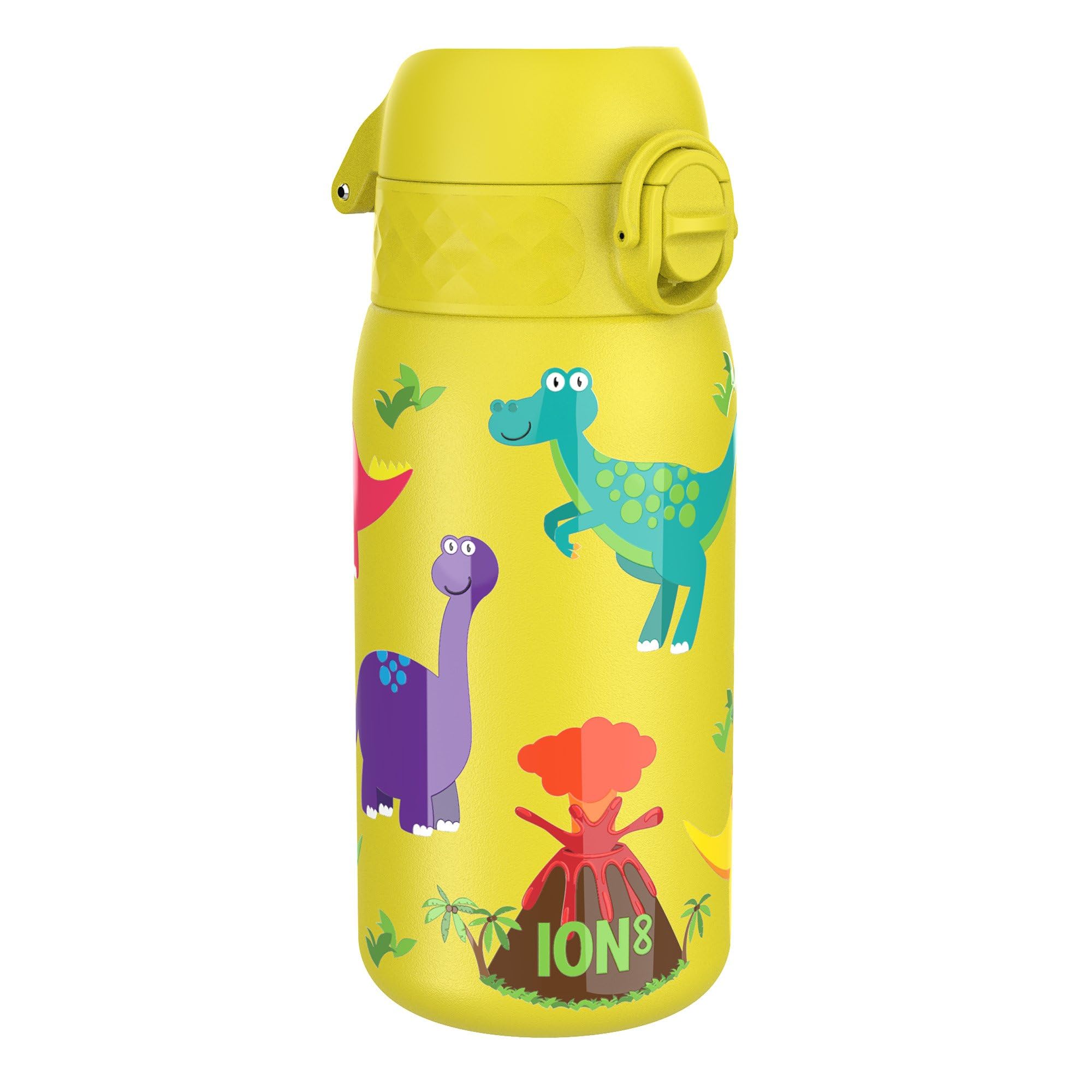Ion8 Vacuum Insulated Steel Water Bottle, 320 ml/11 oz, Leak Proof, Easy to Open, Secure Lock, Dishwasher Safe, Carry Handle, Metal Water Bottle, ThermoShield Stainless Steel, Yellow, Dinosaur