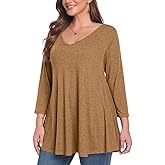 MONNURO Plus Size Tunic Tops for Women 3/4 Sleeve Fall Shirt Basic Casual V Neck Solid Color Blouses Loose Fit for Leggings
