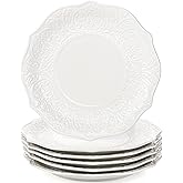 SOUJOY Set of 6 Salad Plate, 20.3 cm/8 Inch Porcelain Dessert Serving Plates, Embossed Printing Small Dinner Dish for Pancake