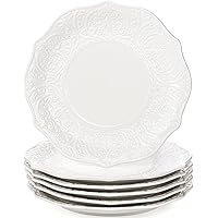 SOUJOY Set of 6 Salad Plate, 20.3 cm/8 Inch Porcelain Dessert Serving Plates, Embossed Printing Small Dinner Dish for Pancake