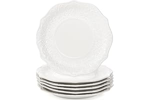 SOUJOY Set of 6 Salad Plate, 20.3 cm/8 Inch Porcelain Dessert Serving Plates, Embossed Printing Small Dinner Dish for Pancake