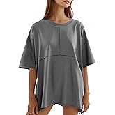 Tankaneo Womens Oversized Crewneck Shirts Short Sleeve Off The Shoulders Tops Curved Hem Tshirt
