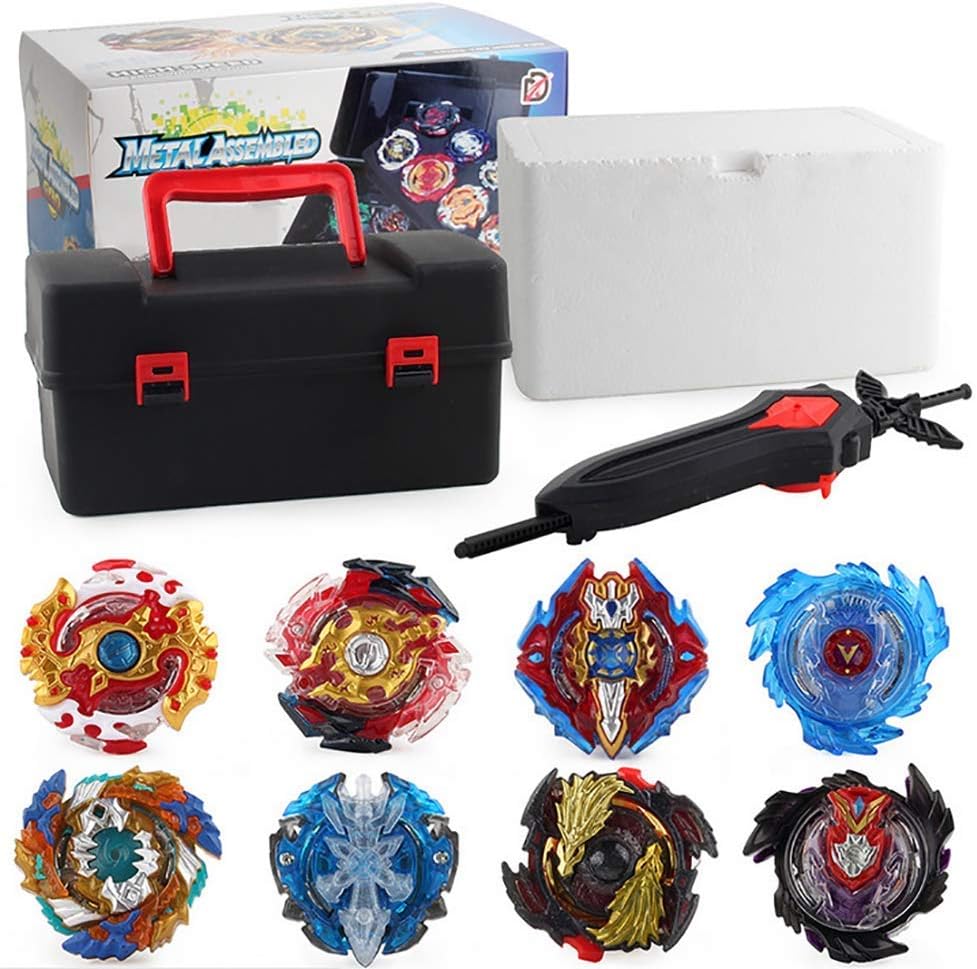 3T6B Conjunto de Peonzas Juguetes con Estuche Portátil, 8 Nado Spinner con 4 Turbo Burst Launcher, Gyro Spinning Pocket Box