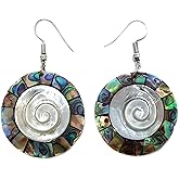 Swimmi Natural Paua Abalone Earrings, Hand Carved Spiral Mother of Pearl Earrings, Handmade Dangle Round Abalone Shell Earrings, Seashell Earrings for Women Fashion Jewelry CA193-A