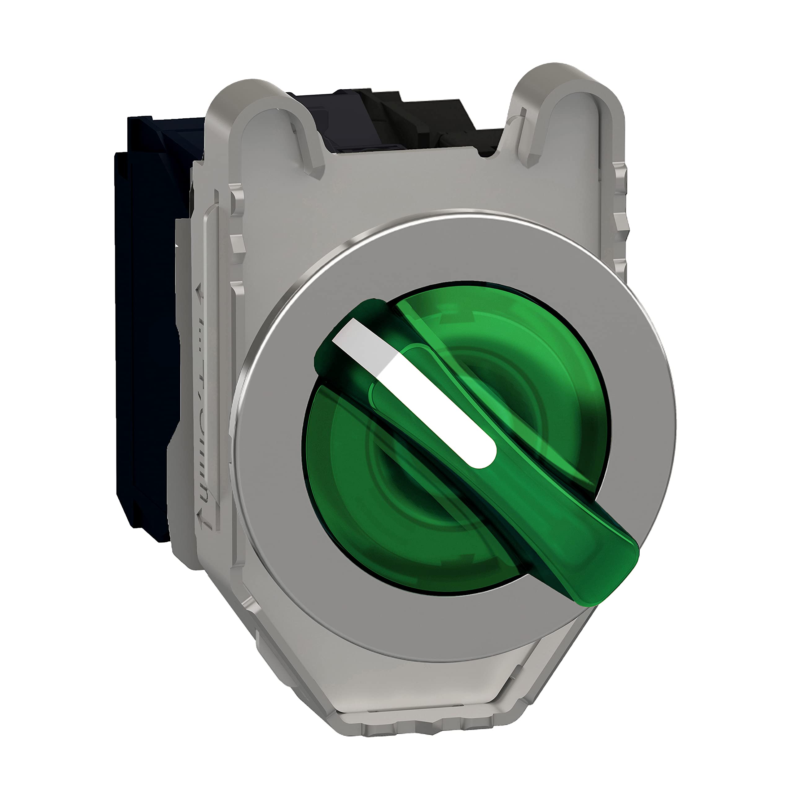 Schneider Electric Illuminated selector switch, Harmony XB4, metal, green handle, 30mm, universal LED, 3 positions, 1NO + 1NC, 24V AC DC