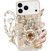 Changjia for iPhone 17 Pro Max Glitter Bling Case,Cute Luxury 3D Sparkle Queen Crystal Rhinestone Flowers Diamond Pearl Gems with Lanyard Wrist Strap Women Girls Phone Case for iPhone 17 Pro Max,White