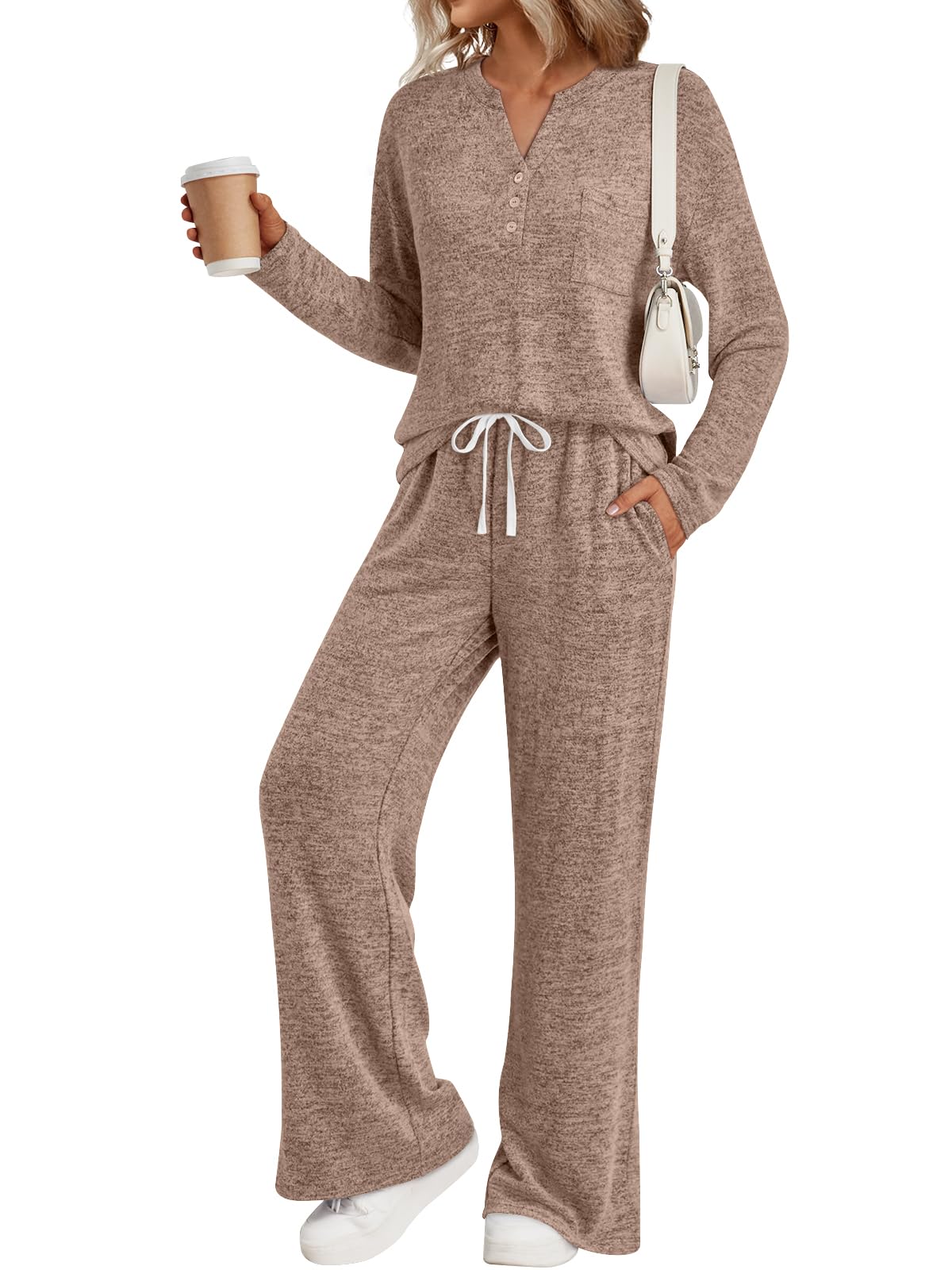 LILLUSORY Womens 2 Piece Lounge Sets Winter Outfits 2026 Sweatsuit Matching Pjs Airport Vacation Travel Fall Pajamas Fashion Coffee Brown M Image