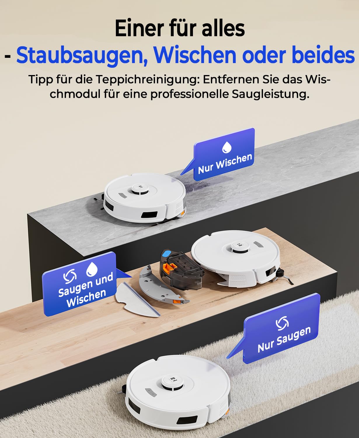Redkey R11 Saugroboter mit Wischfunktion, 20.000Pa Saugkraft, Staubsauger Roboter mit 4L Absaugstation, Anti-Haar-Verwicklung, LiDAR Navigation, APP Steuerung, Ideal für Teppich und Tierhaare 5