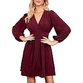 EZAPINE Women Corduroy Mini Dress V Neck A-Line Button Up Puff Sleeve Winter Fall Spring Dresses for Women