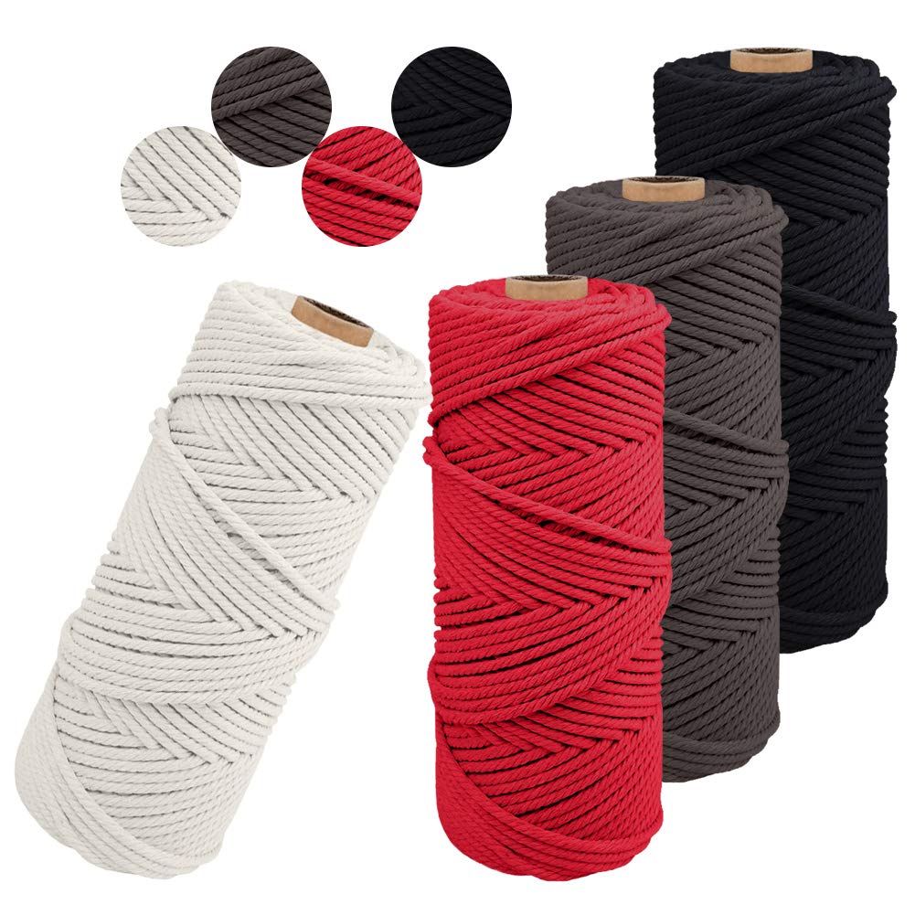 Uiopa Pack of 4 Macrame Cord 2mm x 100m Natual Cotton Cord DIY Craft Spool Twine Rustic String Cotton Rope for Wall Hanging, Plant Hangers, Knitting, Home Decorative, Gift Wrapping (4 Color E)
