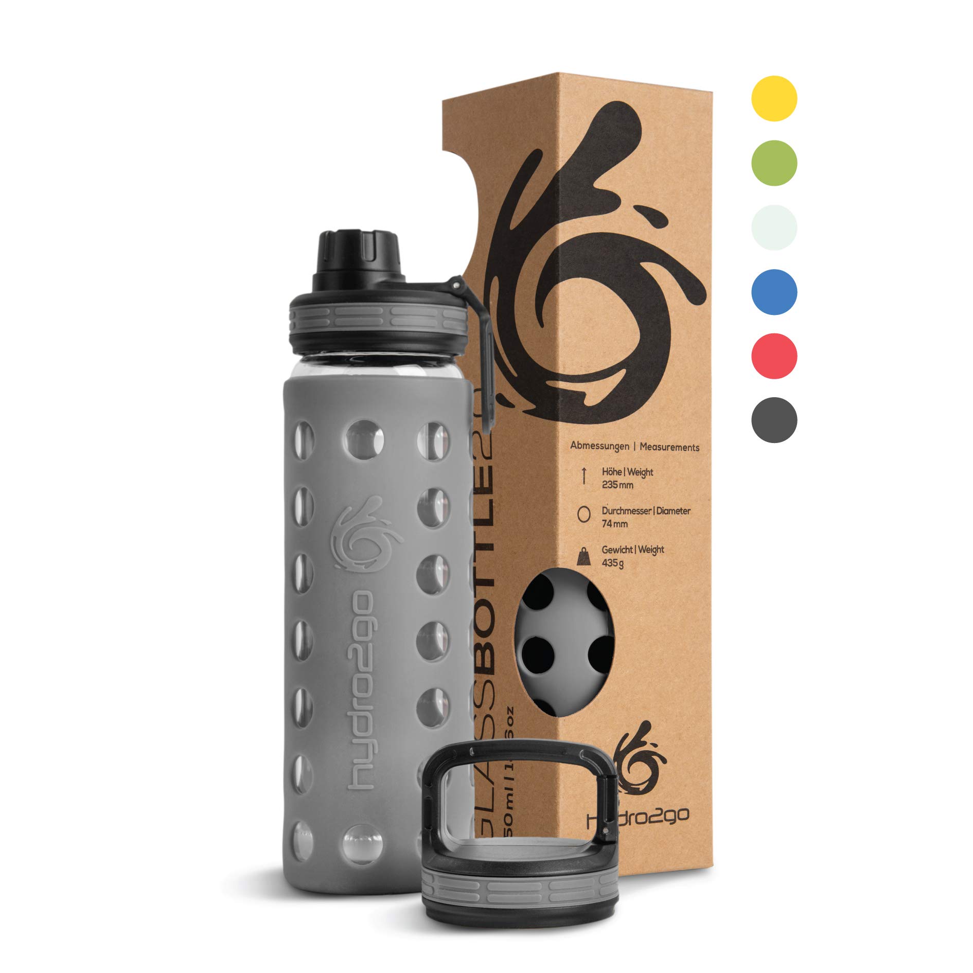 hydro2go Glass Water Bottle with Silicone Sleeve – Dishwasher Safe, 2 Interchangeable Lids, 100% Leak-proof & BPA-free – Ideal for Children, Office, Sports & Outdoor (Stone Grey 2.0) – 550 ml