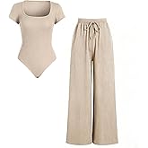 Charm Pursuit cow Women's Two Piece Sets - Ribbed Knit Bodysuit & Wide Leg Pant Outfit for Casual Daily Wear