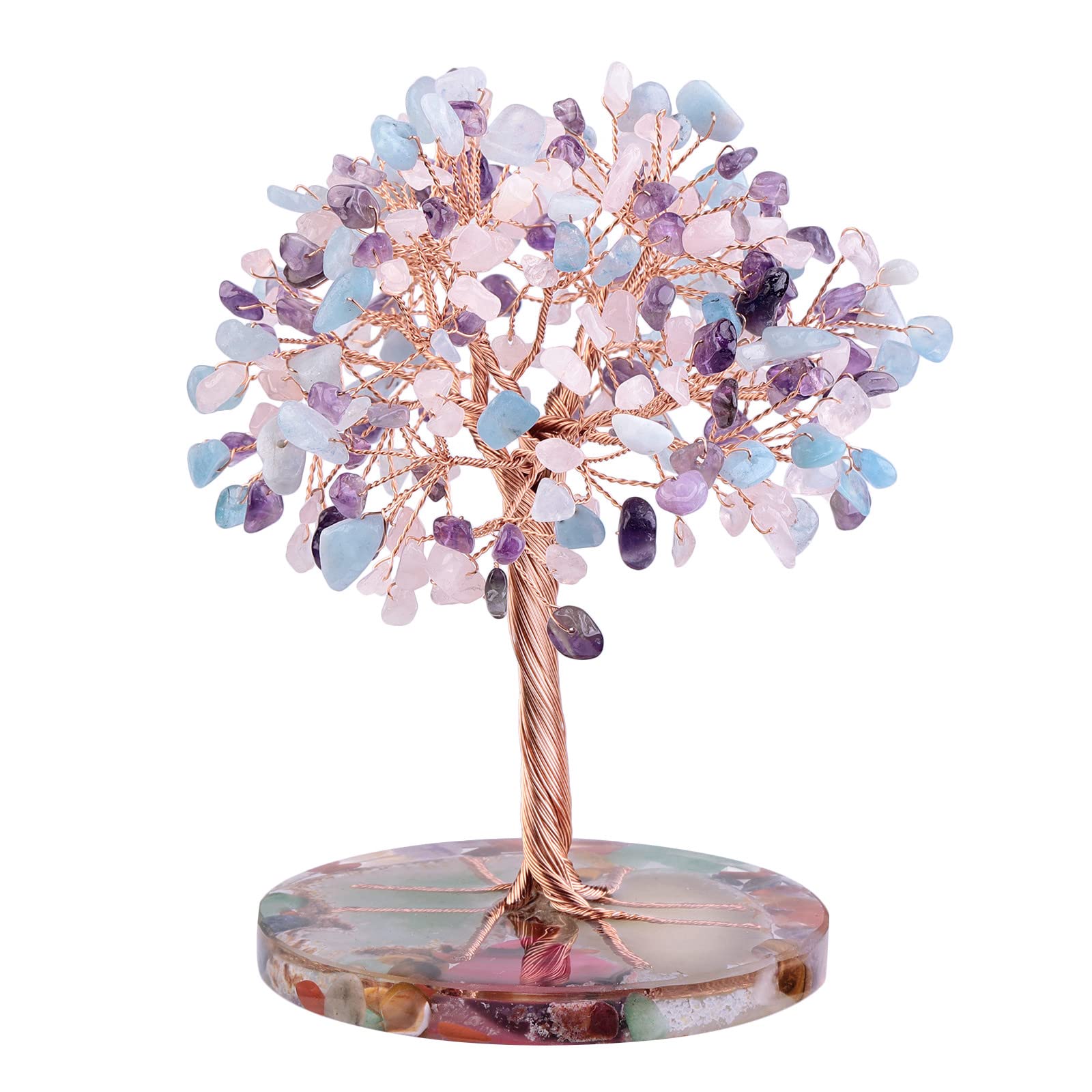 Nupuyai Rose Quartz & Aquamarine & Amethyst Crystal Money Tree with Agate Slice Base, Energy Healing Stone Tree Good Luck Fengshui Spiritual Ornament Home Office Decor