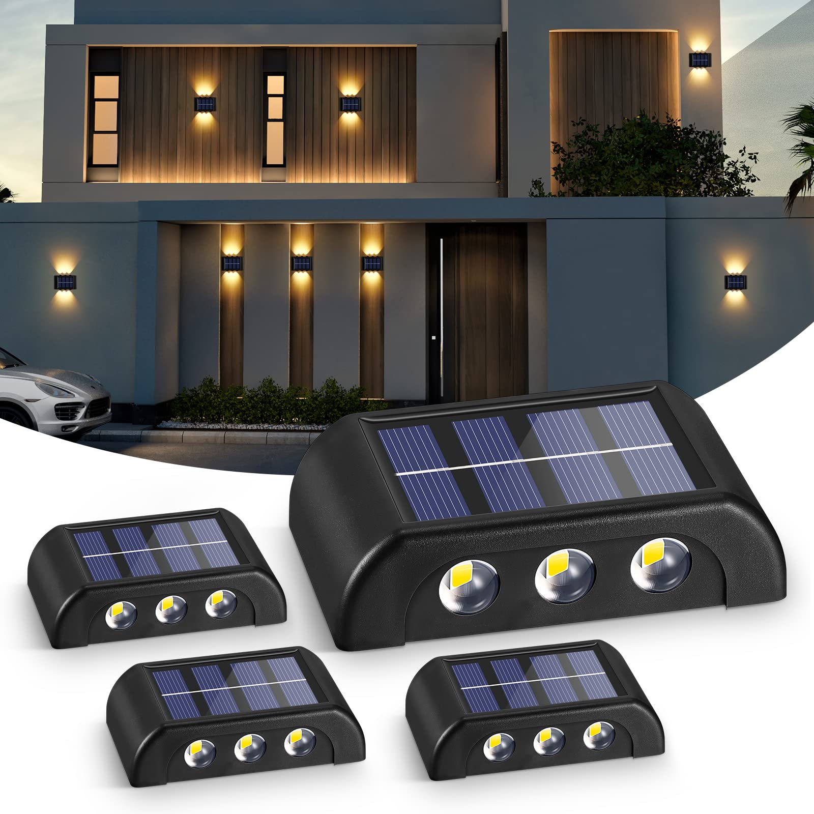 WIGUROE Solar Wall Lights Outdoor 4 Pack, 6 LED Waterproof Fence Lights Decorative with Auto on/Off, Wide Angle Up/Down LED Light Solar Wall Lights for Garden, Yard, Front Door (Warm White)