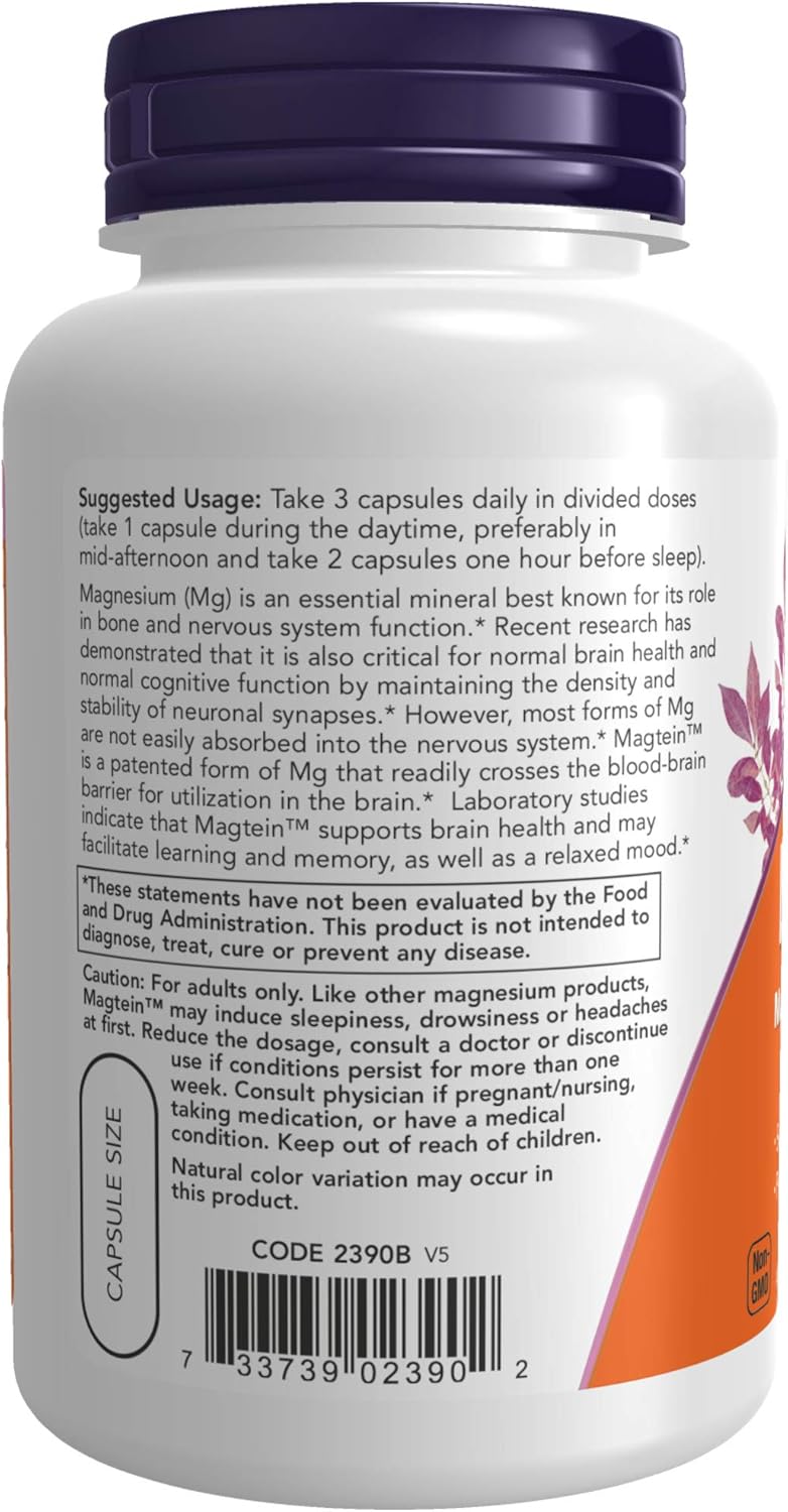 NOW Supplements, Magtein™ with patented form of Magnesium (Mg), Cognitive Support*, 90 Veg Capsules: Health & Personal Care