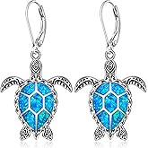 Turtle Earrings Sterling Silver Blue Opal Sea Turtle Gifts for Women Leverback Drop Dangle Retro Hawaiian Ocean Jewelry Turtles Lovers Gifts