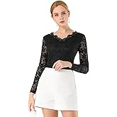 Allegra K Women's Floral Embroidery Sheer Long Sleeves Lace Blouse Top