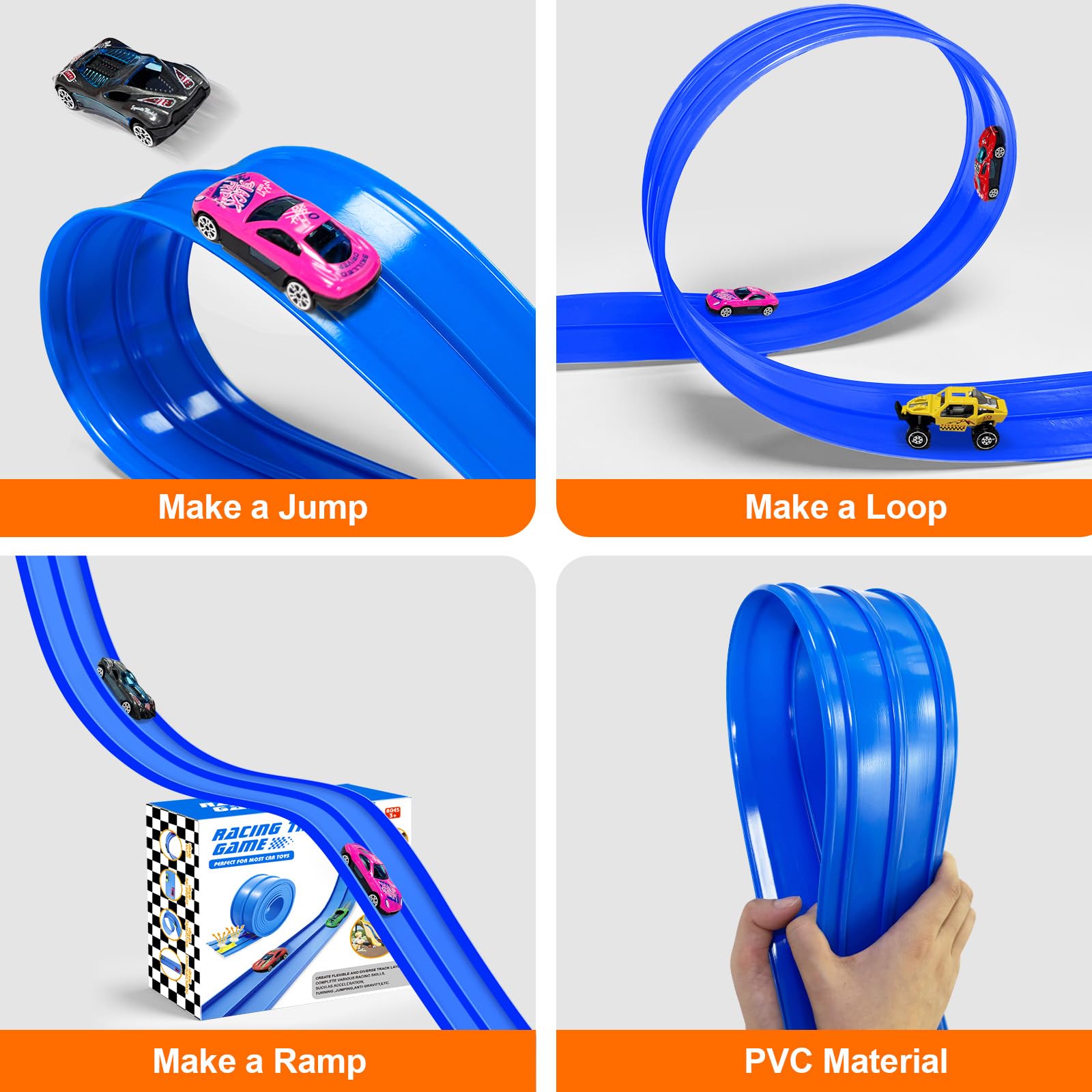 EFCRBS 15Ft Flex Track, Flexible Race Car Track for Kids Toy with 10 Suction Cups, Rolls Up Portable Racetrack Compatible with Hot Wheels & Diecast 1/64th Cars, Christmas Birthday Gifts for Boys(Blue)