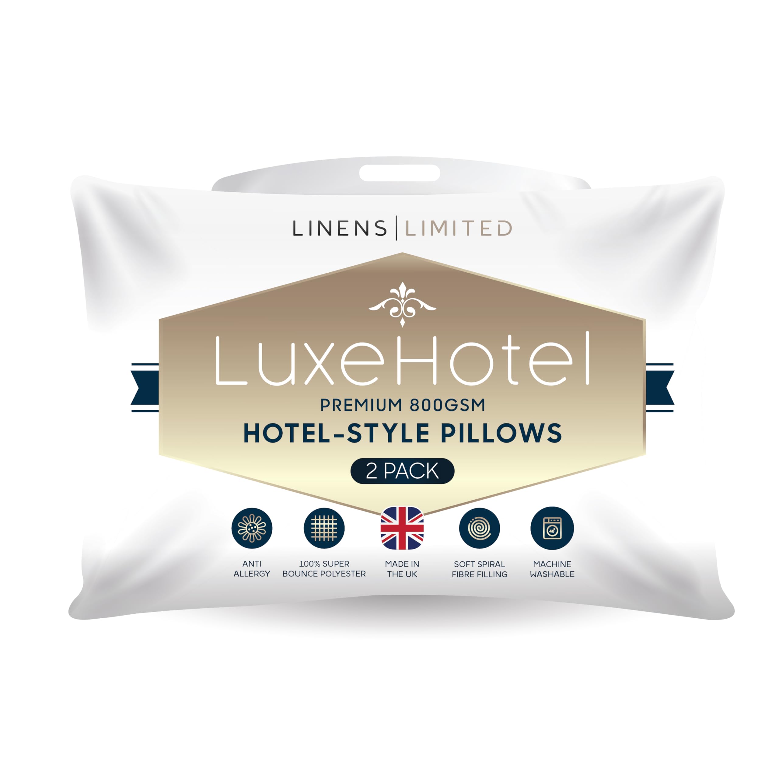 Linens Limited - Soft Pillows 2 Pack, Made in the UK, Hotel Quality, LuxeHotel Bounce Back Pillows, Soft and Firm with Orthopedic Support, Non-Allergenic, Machine Washable (White)