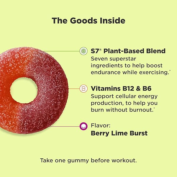 OLLY PRE-GAME ENERGIZE WORKOUT GUMMY RINGS, S7 PLANT-BASED BLEND, B VITAMINS, BERRY LIME FLAVOR – 25 COUNT