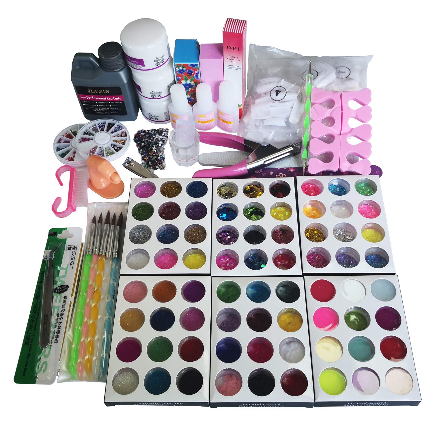 TEEROVA Professional 72 Acrylic Powder Liquid Brush Glitter Clipper Primer File Nail Art Tips Set Kit