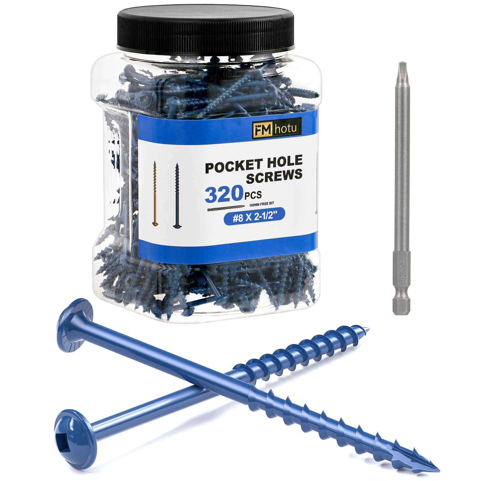 Photo 1 of #8 Pocket Hole Screws 2-1/2 Inch, 320Pcs Coarse Thread Wood Screws, Square Drive, Washer Head, 4-Layer Coating, Drive Bit Included (Blue)