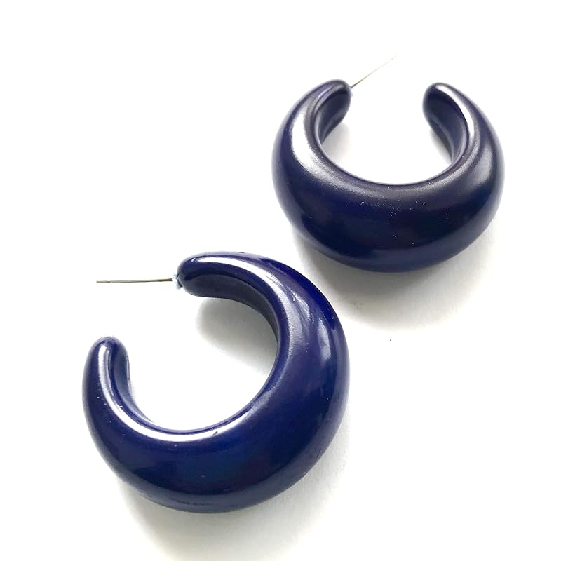 Navy Blue Chunky Vintage Lucite Lucille Hoop Earrings Handmade
